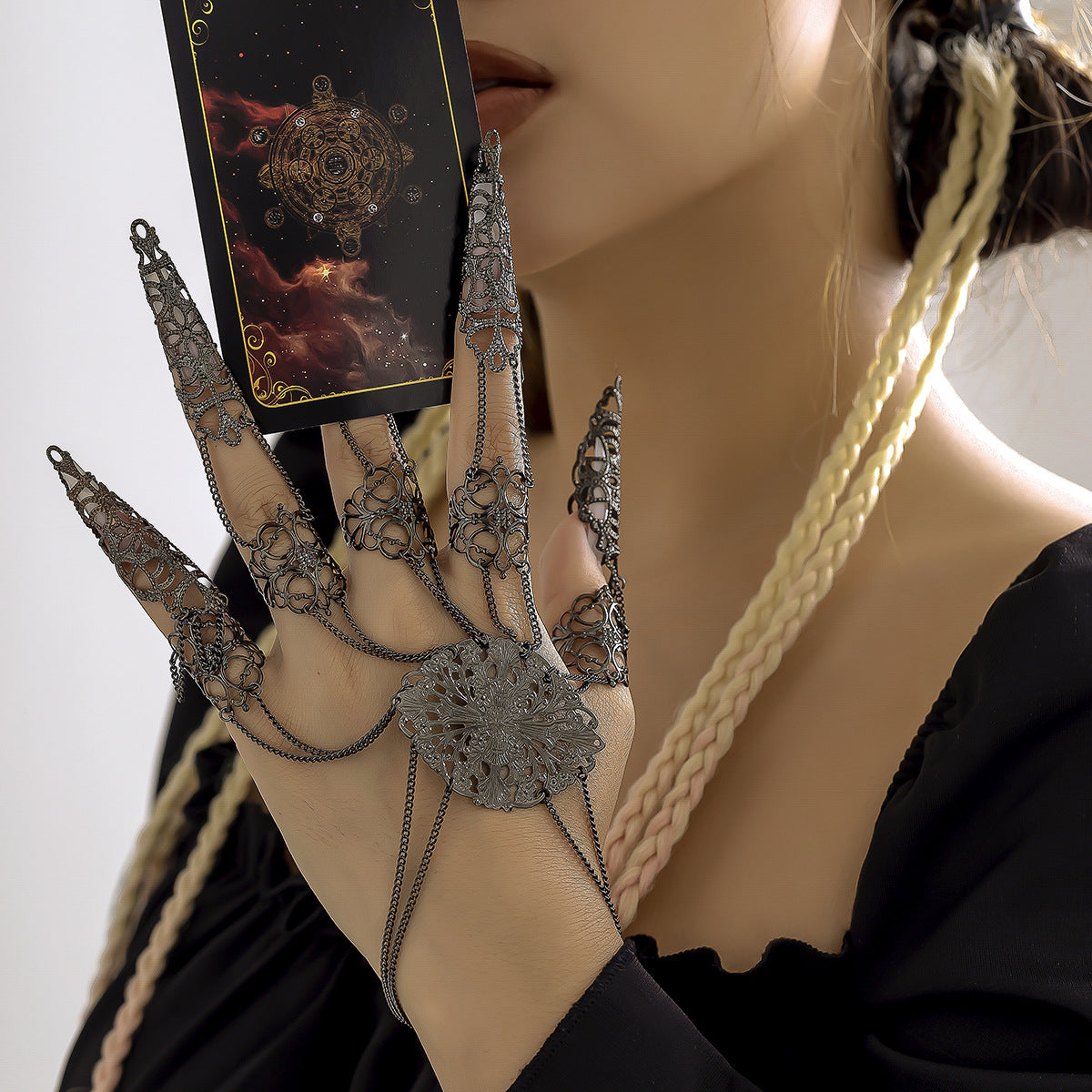 Gothic Style Geometric Pendant Finger Bracelet with Tassel and Chain Detail for Women