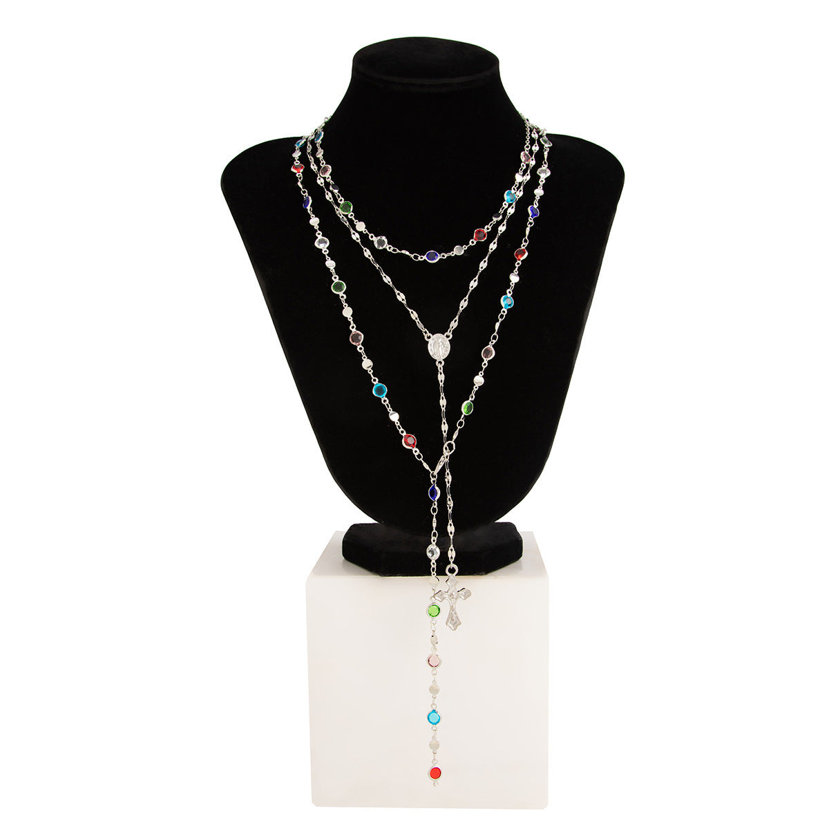 Collar casual chapado en aleación con diseño floral geométrico de corazón y cruz, con incrustaciones de cristal y estrás para mujer