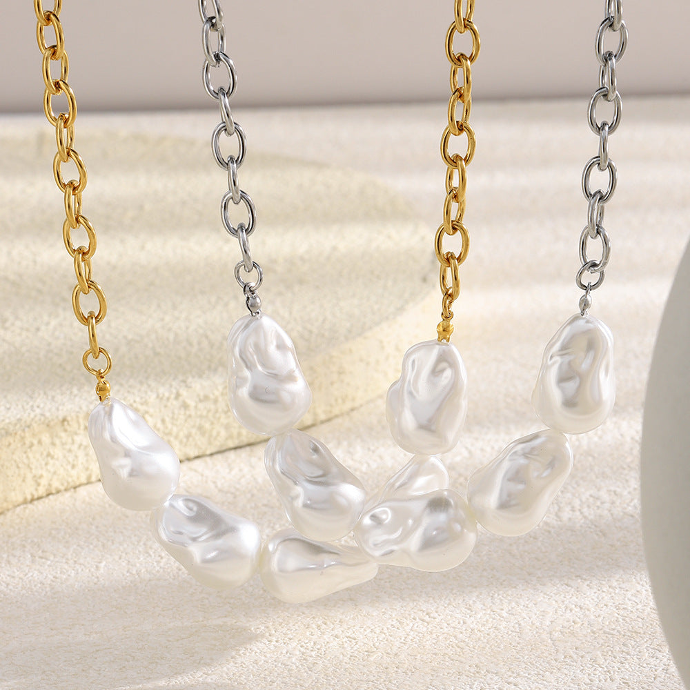 Collana da donna con ciondolo a perla barocca in acciaio inossidabile placcato oro 18 carati con catena a maglie, design geometrico minimalista e lussuoso