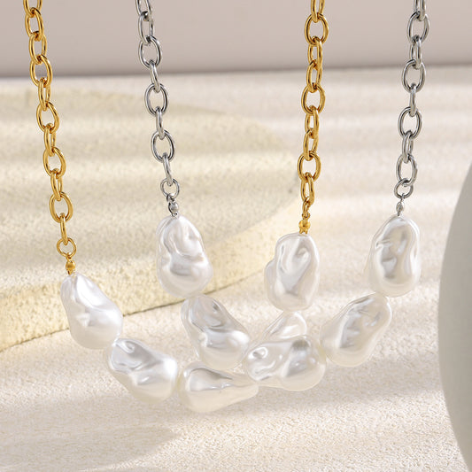 Minimalist Luxe Geometric Stainless Steel Plated 18K Gold Baroque Pearl Pendant Necklace for Women with O-Chain
