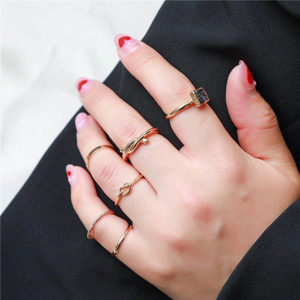 Sweet Geometric Round Turquoise Inlay Plated Alloy 6-Piece Open Ring Set for Women