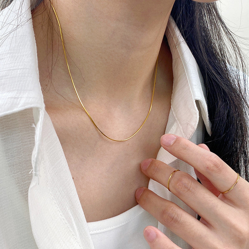 Collar minimalista de cadena de serpiente de acero de titanio para mujeres y hombres, cadena de clavícula ligera y delicada con acabado chapado