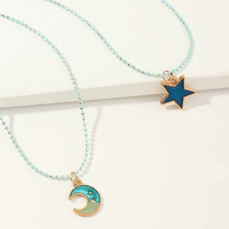 Set di collane con ciondolo geometrico in lega a forma di stella e luna per l'amicizia per bambine, su catena a maglie