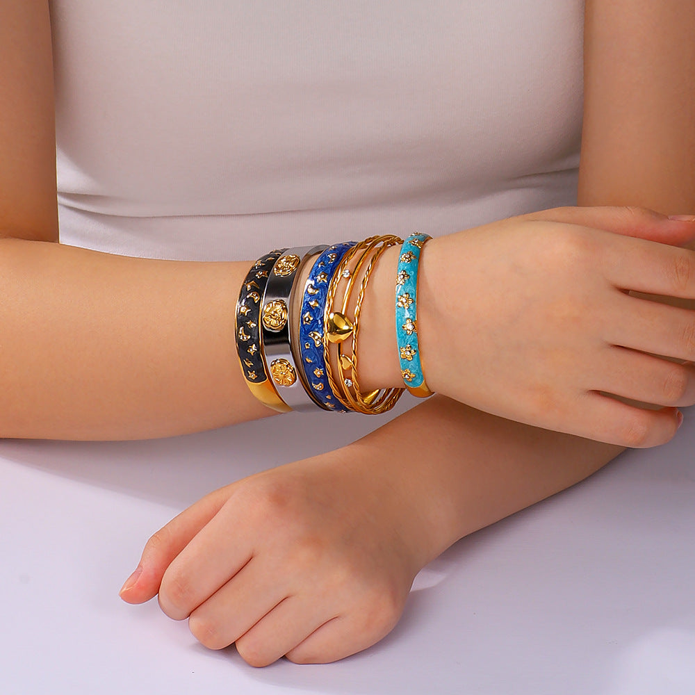 Minimalist C-Shaped Stainless Steel Bracelet with Enamel Stars and Moons, Irregular Asymmetric Design