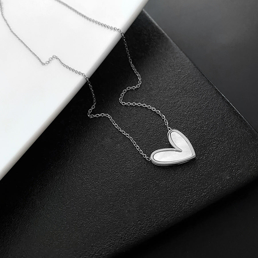Minimalist Heart-Shaped Mother-of-Pearl Pendant Necklace for Women in Titanium Steel with O-Chain and Geometric Design