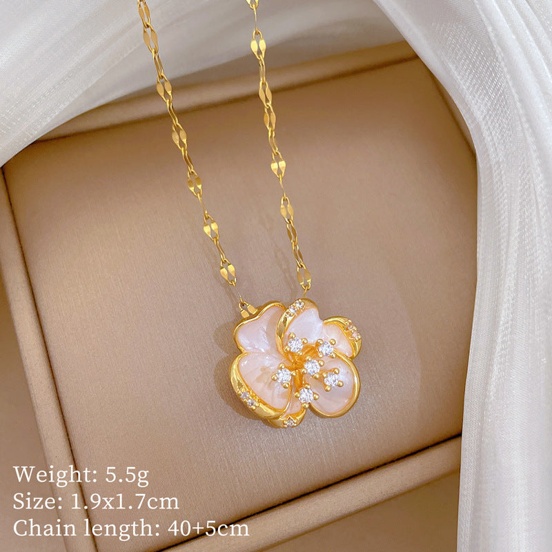 Sweet Elegant Rotating Drip Oil Floral Moon Rhinestone Pendant Titanium Steel Necklace Set for Unisex