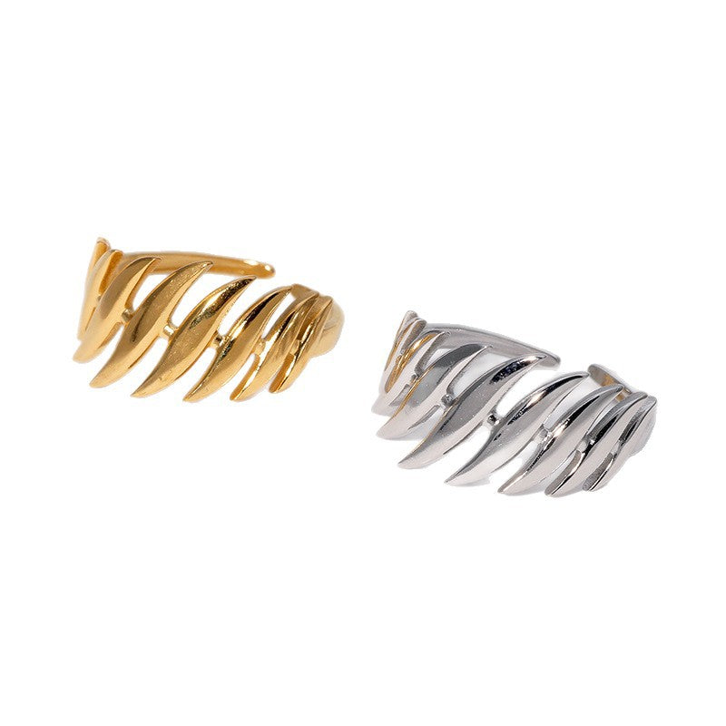 Anello Aperto Minimalista a Forma di Foglia in Acciaio Inox Placcato Oro 18K Gioielli di Moda per Donna