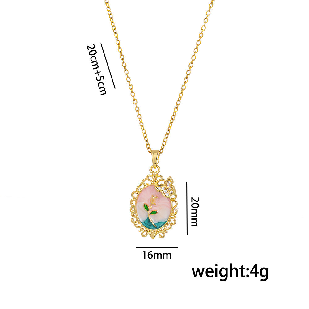 Elegant French Vintage Rose Floral Oval Lace Collar Necklace in Titanium Steel with Enamel Finish for Women