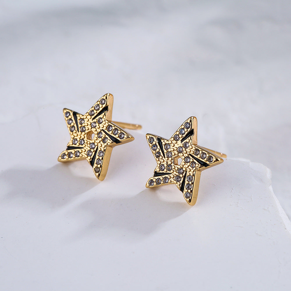 Minimalist Geometric Star Stud Earrings for Women in Copper with 18K Gold Plating and Zircon Inlay
