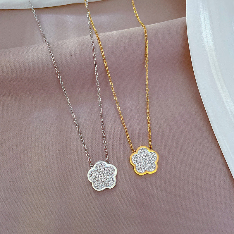 Minimalist Floral Geometric Pendant Necklace for Women Made of Titanium Steel with Gold Plating and Rhinestone Inlay