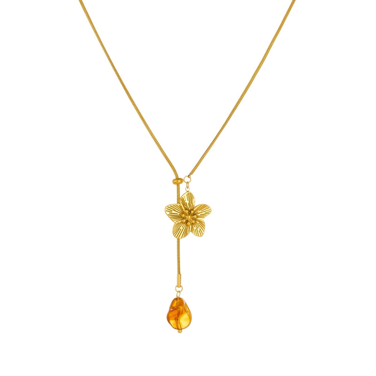 Vintage Gold Plated Geometric Camellia Flower Resin Pendant Stainless Steel Snake Chain Necklace for Women