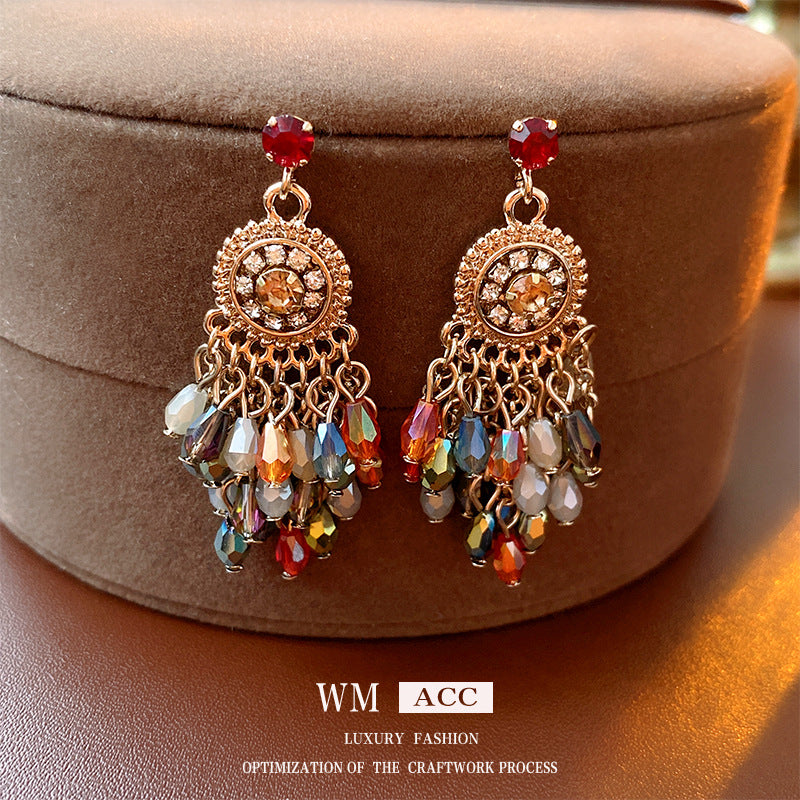 Ethnic Vintage Style Geometric Crystal Floral Tassel Earrings with Stainless Steel Posts for Women