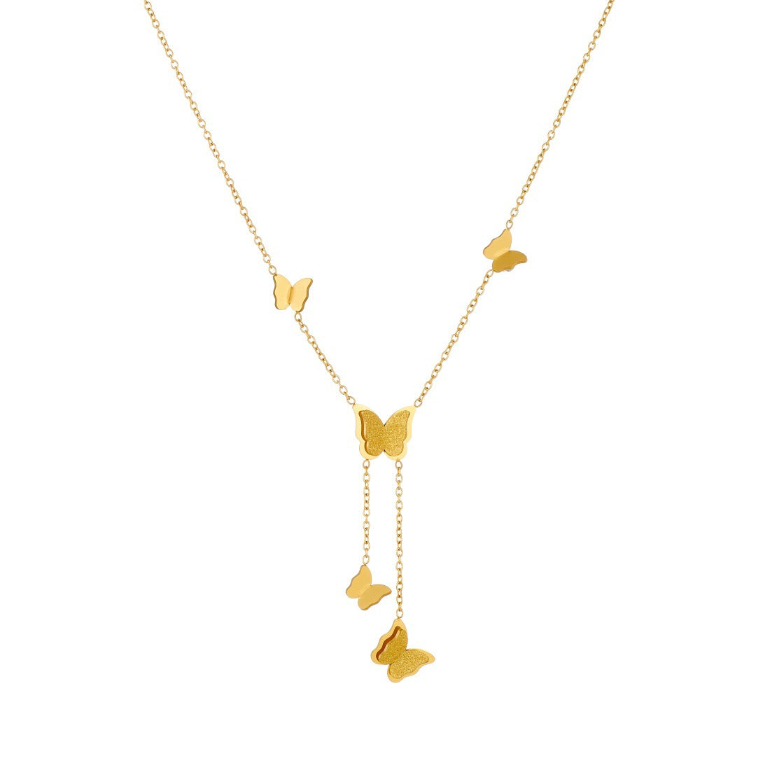 Minimalist Gold Plated Stainless Steel Butterfly Pendant Necklace with Tassel for Women