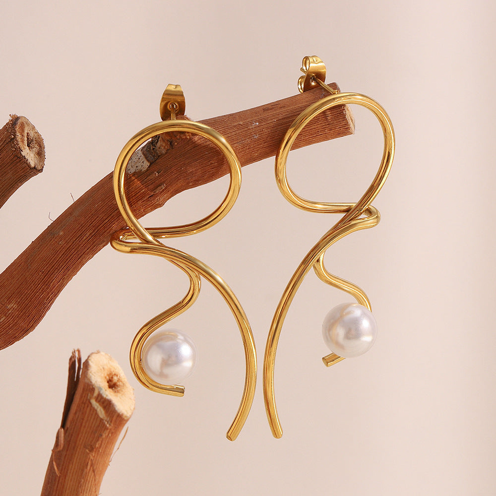 Orecchini da donna in acciaio inossidabile placcati oro 18 carati con design geometrico minimalista a nodo e perle simulate