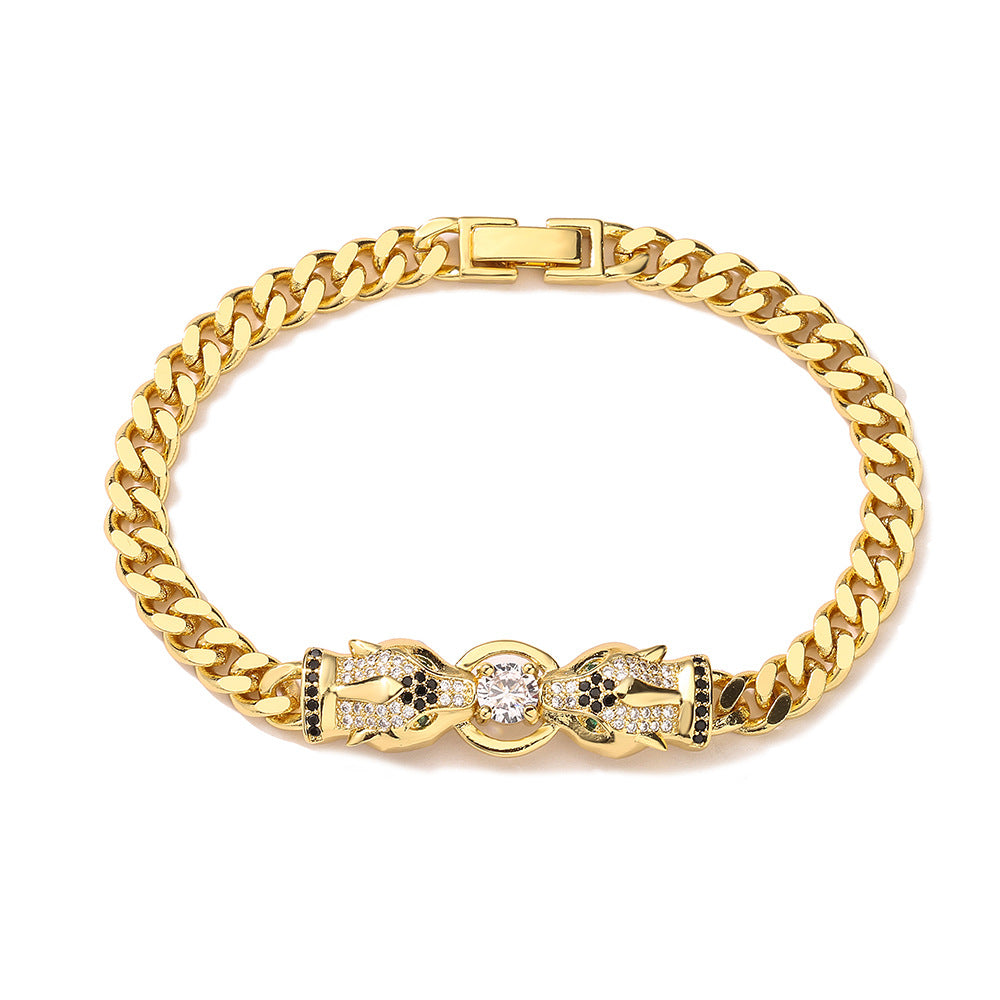 Bracciale Cubano Geometrico a Forma di Leopardo alla Moda da Donna in Rame Placcato Oro con Intarsio di Zirconi