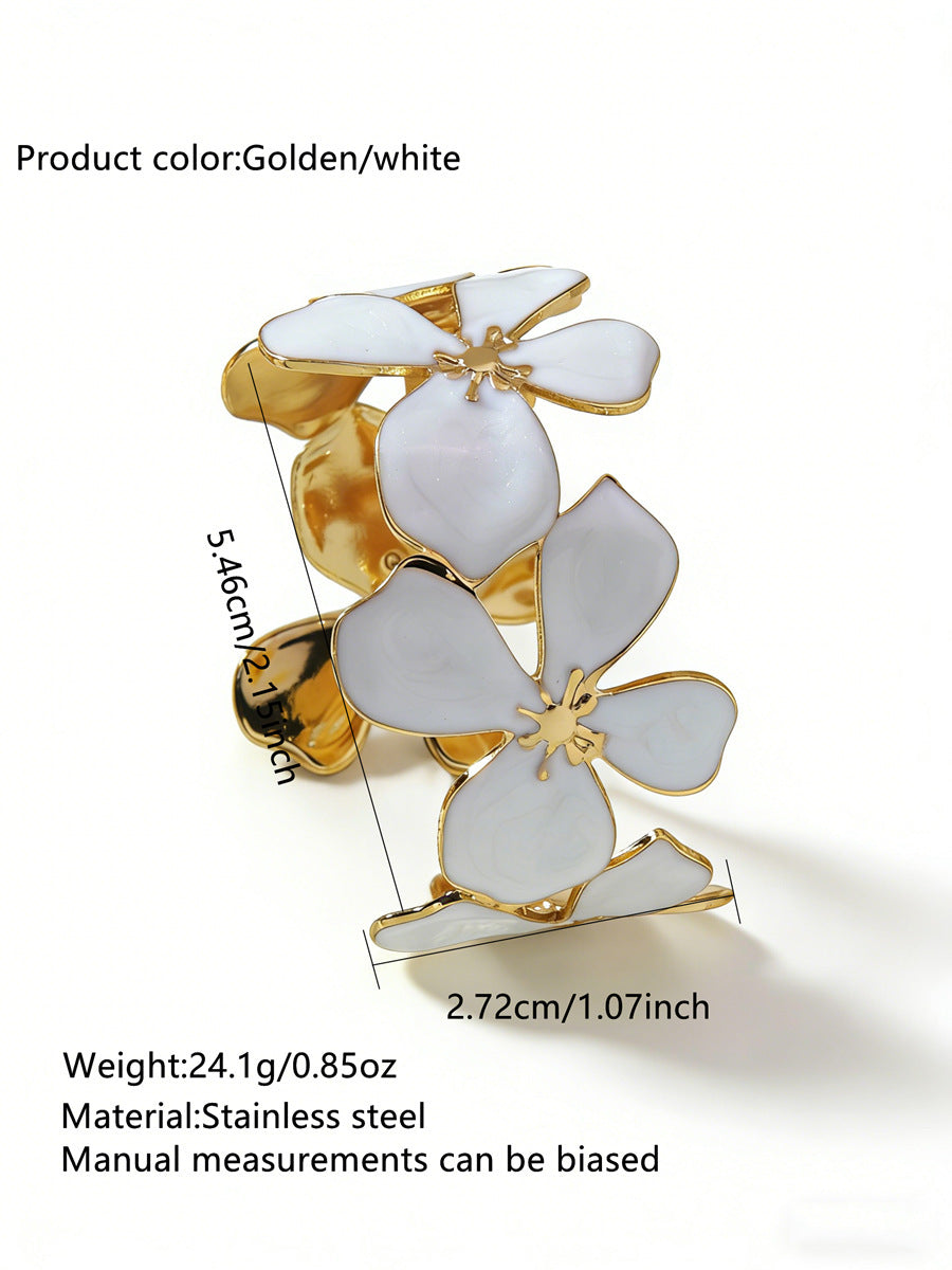 Elegante Pulsera Abierta de Lujo Floral con Esmalte de Aceite de Acero Inoxidable y Titanio con Cereza