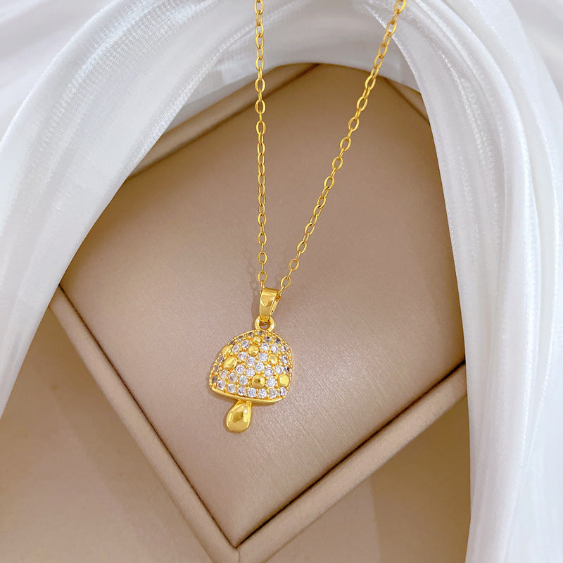 Sweet Luxury Geometric Rhinestone Mushroom Pendant Titanium Steel Necklace for Unisex