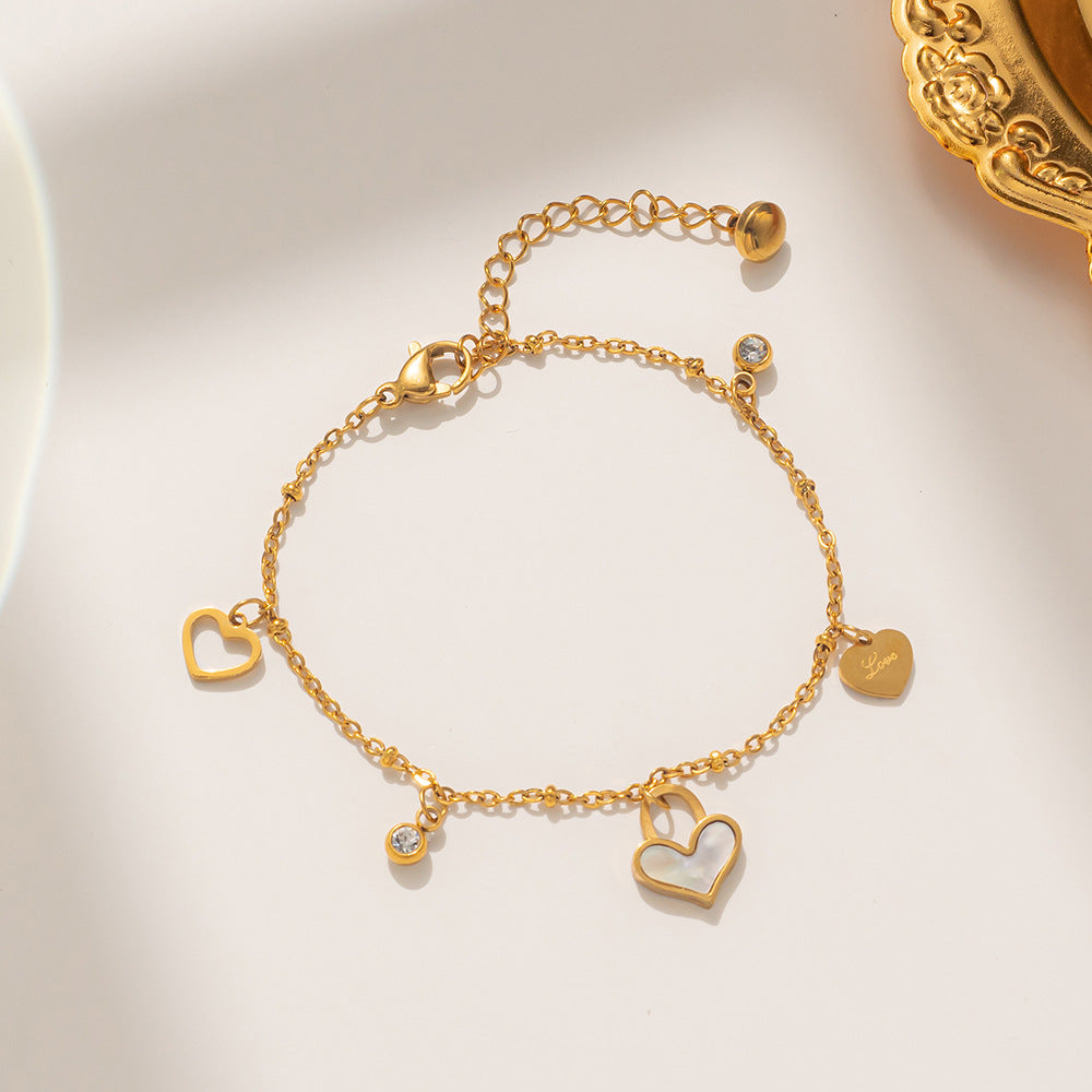Sweet Feminine Titanium Steel Rhinestone-Inlaid Heart-Shaped Hollow Shell Bracelet for Women