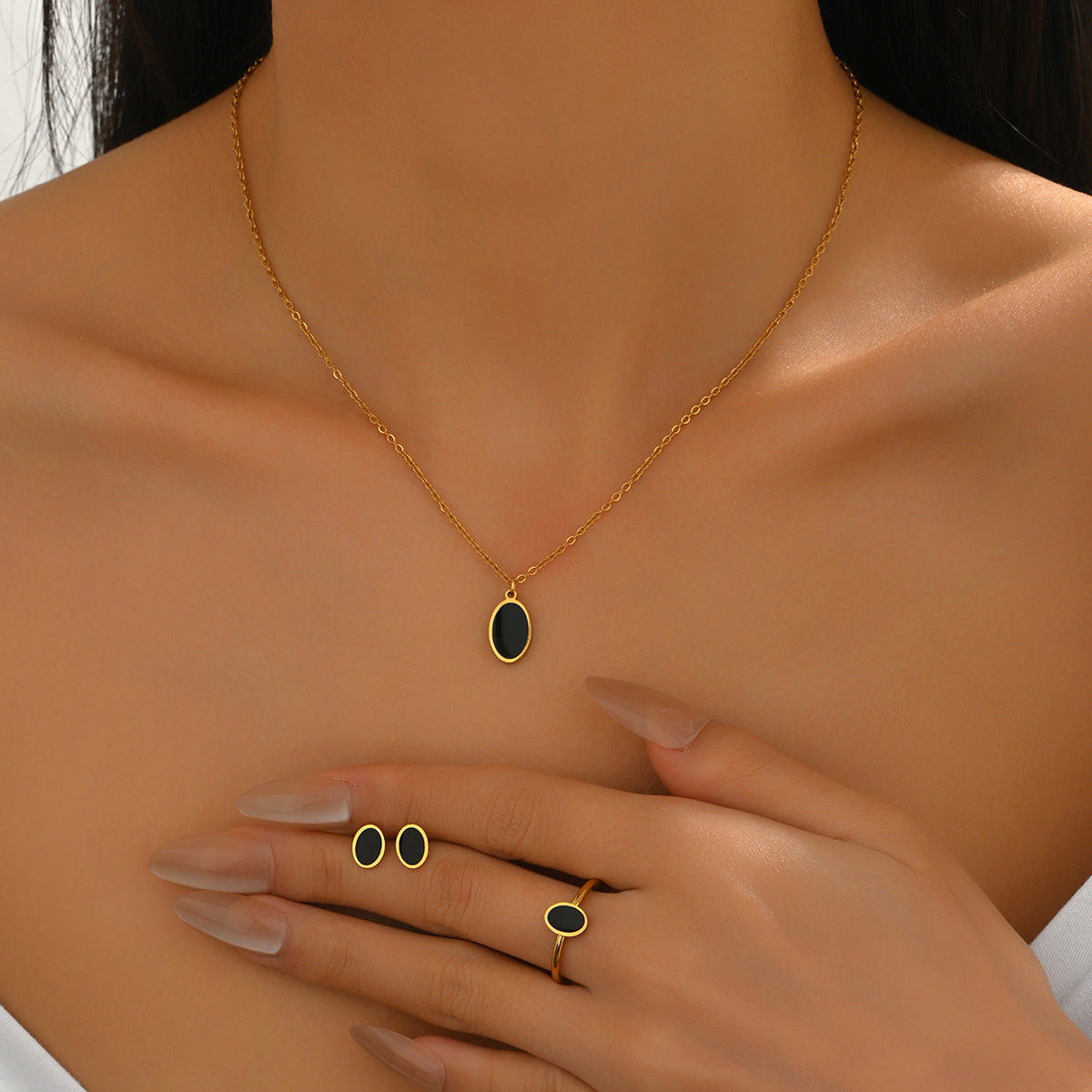 Geometric Style Copper Pendant Necklace Set with Earrings and Bracelet for Women Featuring Micro-Pave Setting and Round Design