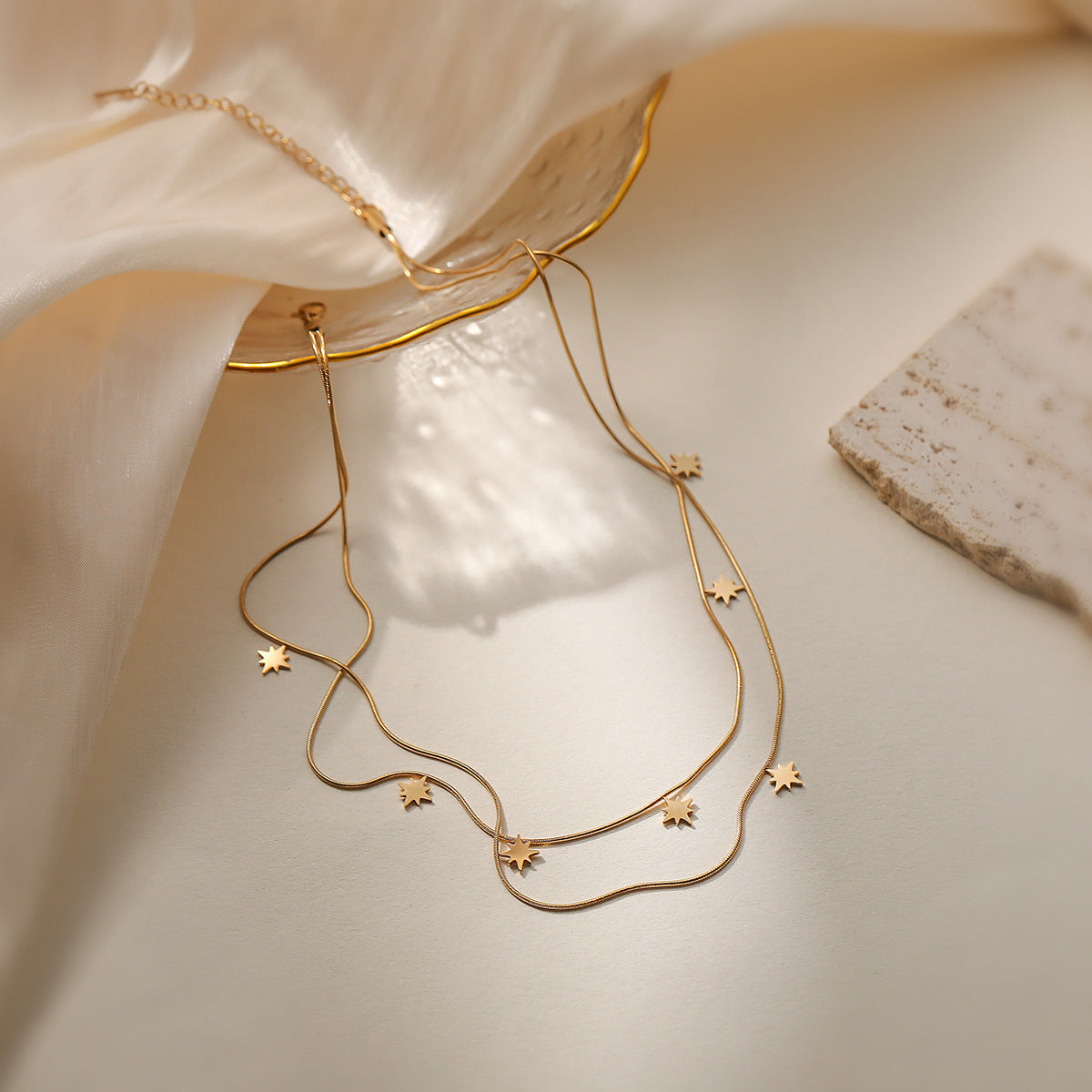 Minimalist Geometric Stainless Steel Necklace for Women with 18K Gold Plating, Double-Layer Stackable Pendant