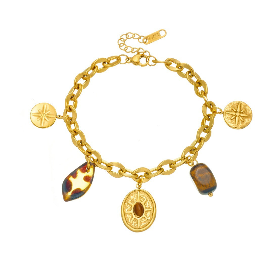Vintage Gold Plated Stainless Steel Oval Eight-Pointed Star Compass Pendant Cuban Link Chain Bracelet for Women