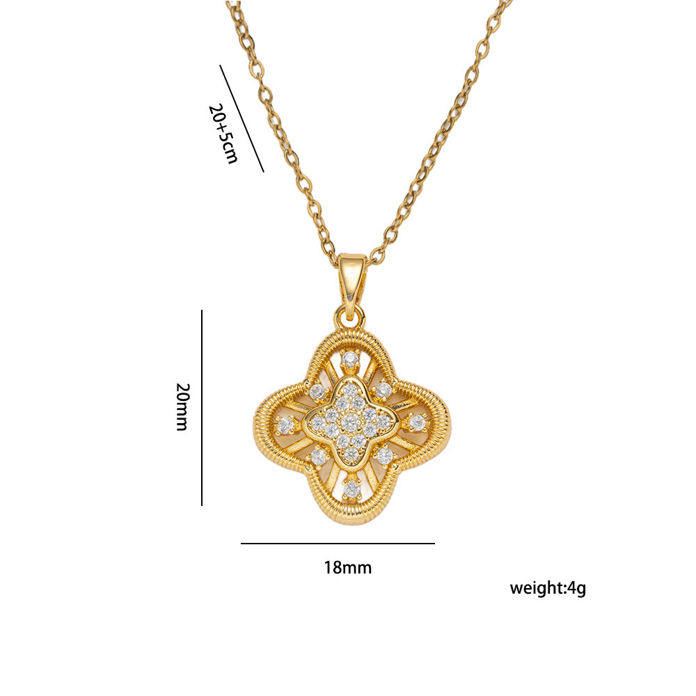 Collana con ciondolo a quadrifoglio geometrico vuoto di lusso in acciaio inossidabile con intarsio in zircone e placcatura in oro 18 carati da donna