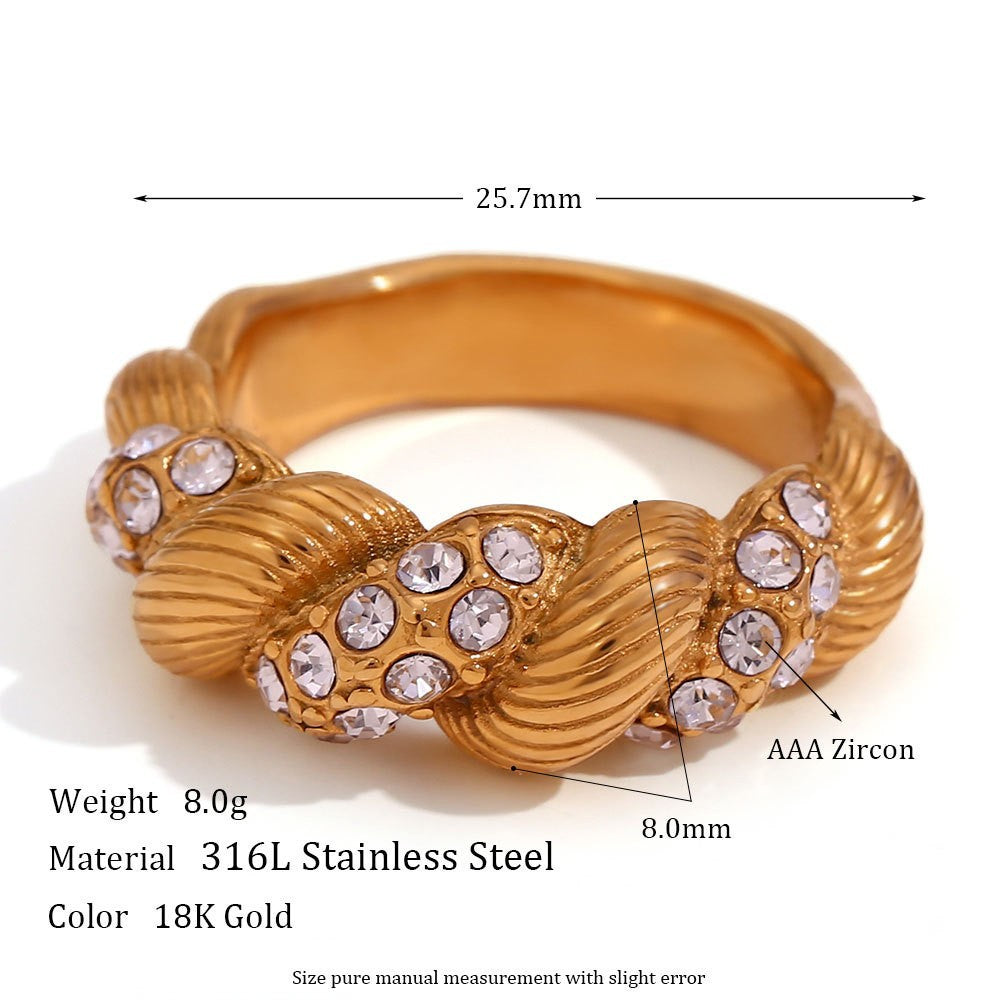 Fashionable Vintage French-Style Geometric Stainless Steel Ring Set for Women with 18K Gold Plating and Micro-Pave Detailing