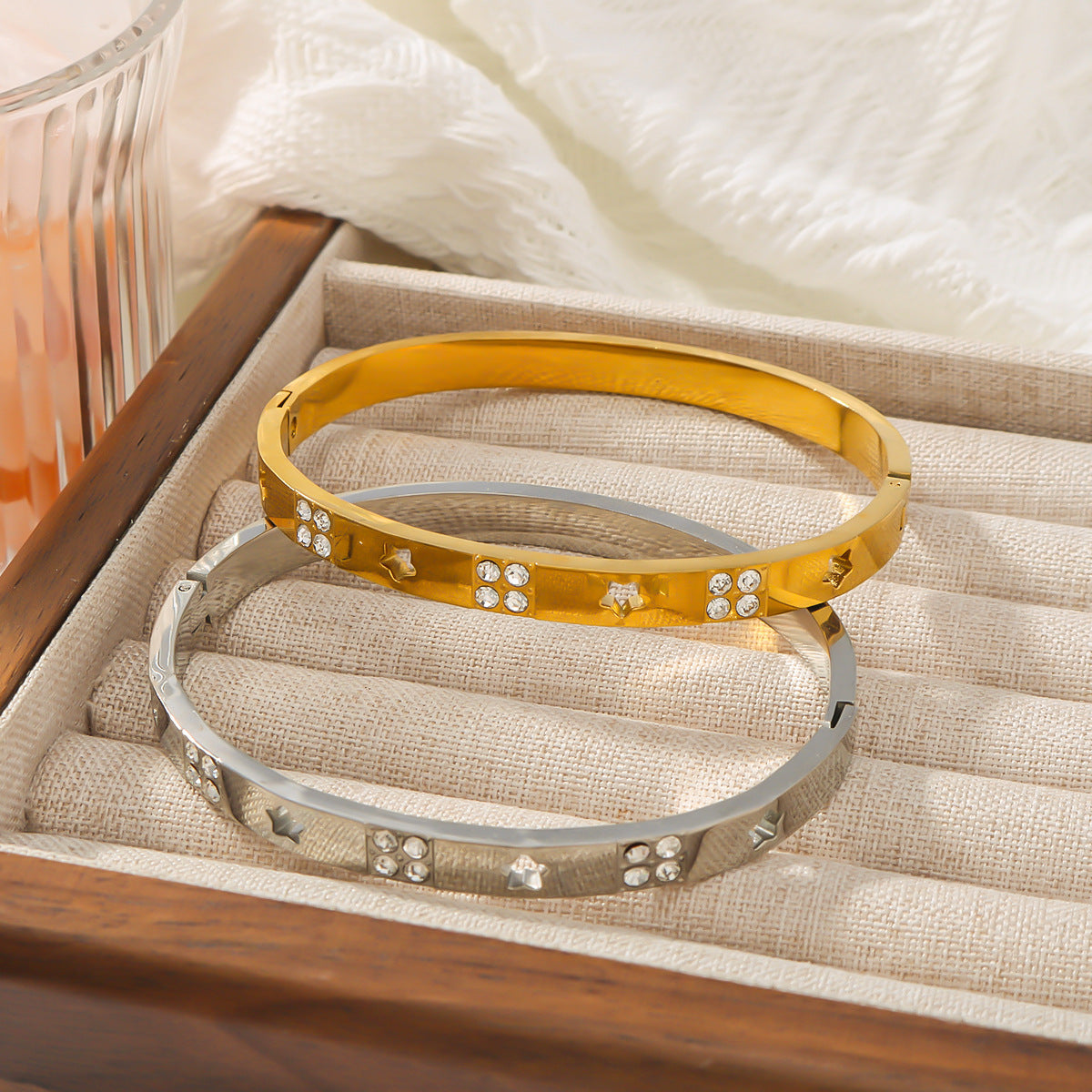 Trendy Hollow Star Square 18K Gold Plated Stainless Steel Bracelet for Women