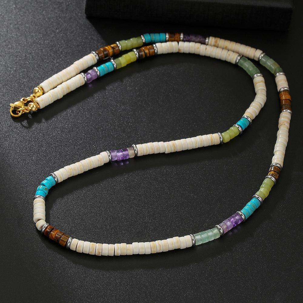 Unique Geometric Colorful Natural Gemstone and Wood Beaded Necklace Stainless Steel Cable Chain for Men and Women