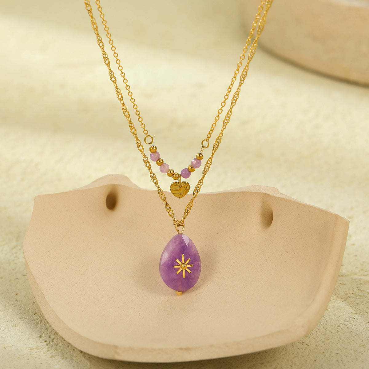 Collar con colgante de corazón doble de estrella de ocho puntas de piedra natural púrpura, estilo minimalista vintage, en acero inoxidable con acabado chapado