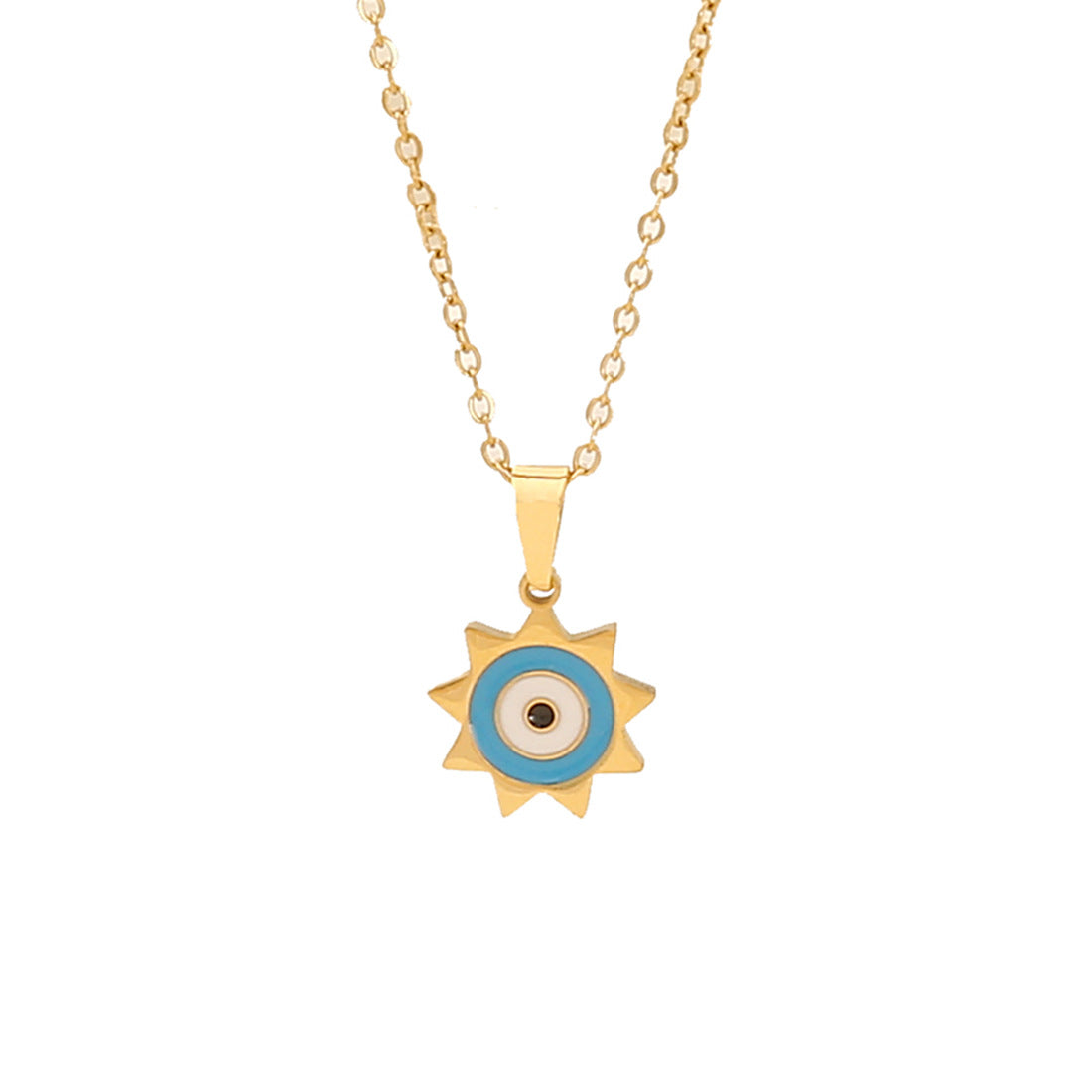 Minimalist Blue Enamel Eye Pendant Necklace with Hand Charm in Stainless Steel