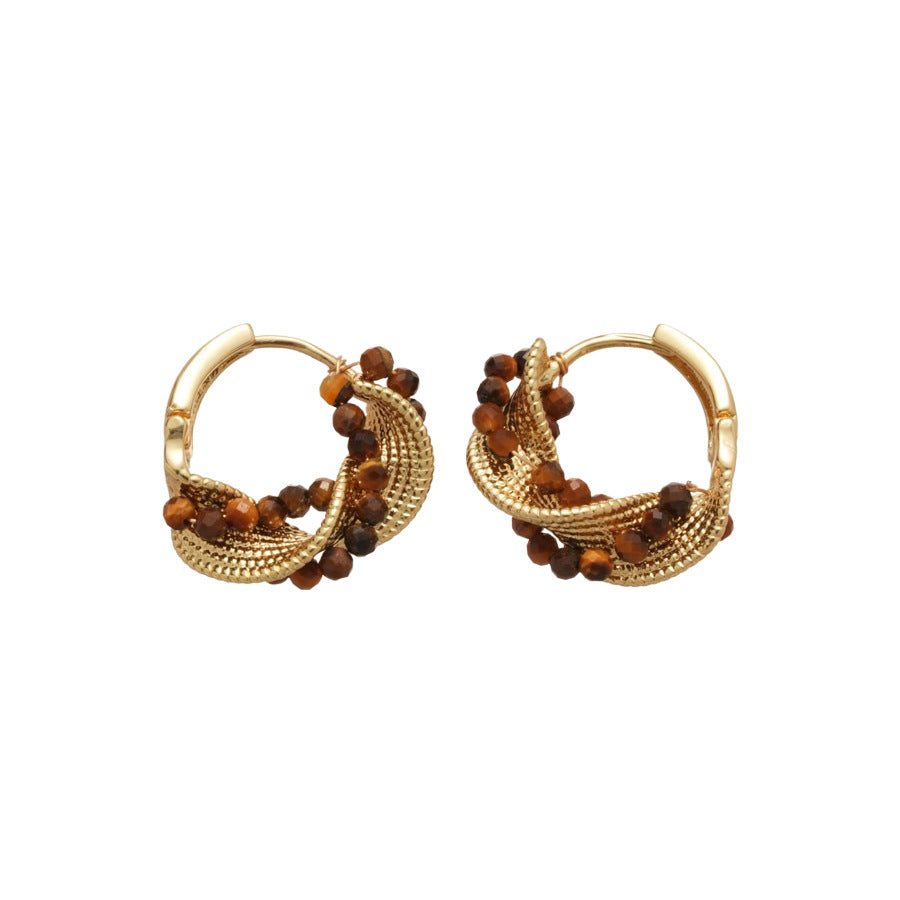 Orecchini a clip in acciaio al titanio stile retrò con intarsio in occhio di tigre, a forma geometrica triangolare intrecciata per donna