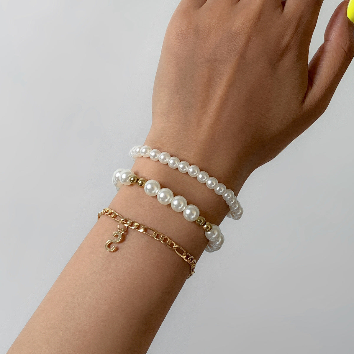 Bohemian Vintage Geometric Letter Faux Pearl Woven Bracelet for Women