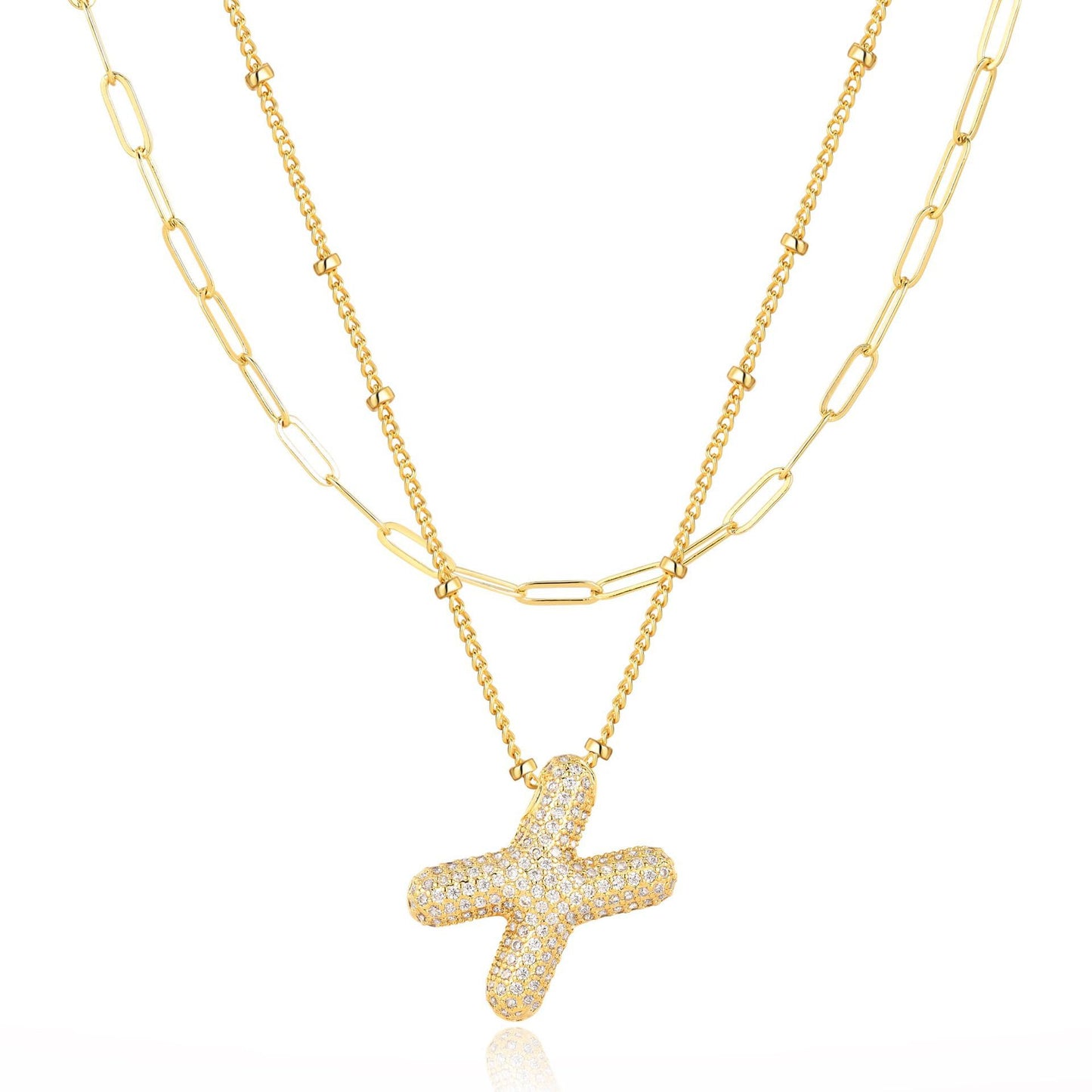 18K Gold Plated Brass Double Layer Letter Necklace Micro Pave Cubic Zirconia Serpentine Chain Women's Jewelry
