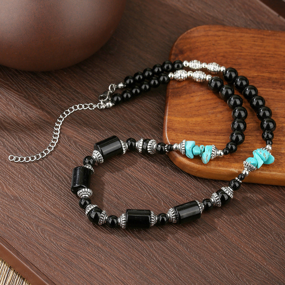 Vintage Ethnic Geometric Zinc Alloy Necklace with Turquoise and Agate Beads for Men