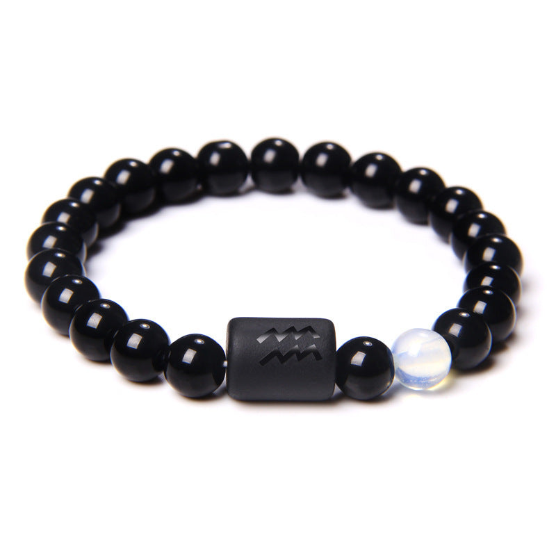 Unisex Adjustable 8mm White Crystal Tiger Eye Obsidian Zodiac Beaded Bracelet
