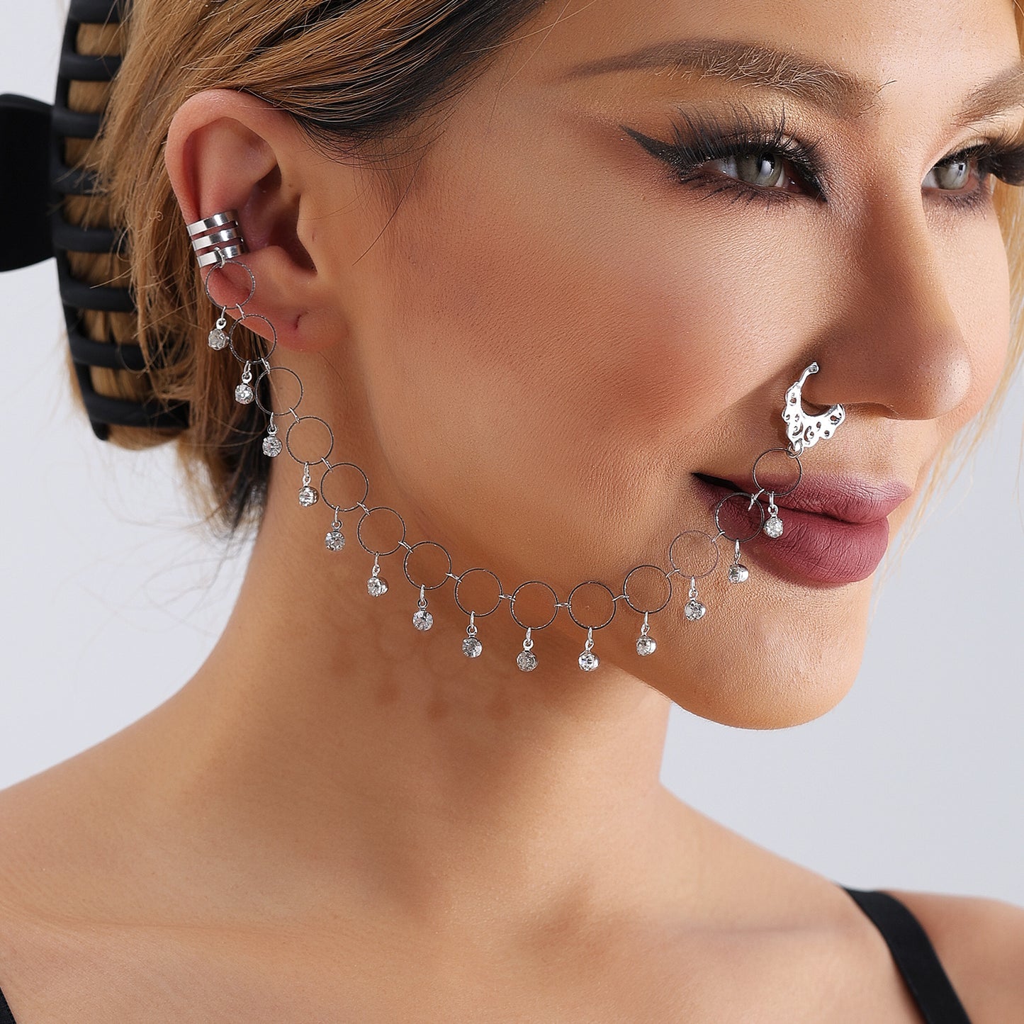 Ethnic Geometric Rhinestone Tassel Nose Ring Plated Alloy Body Jewelry