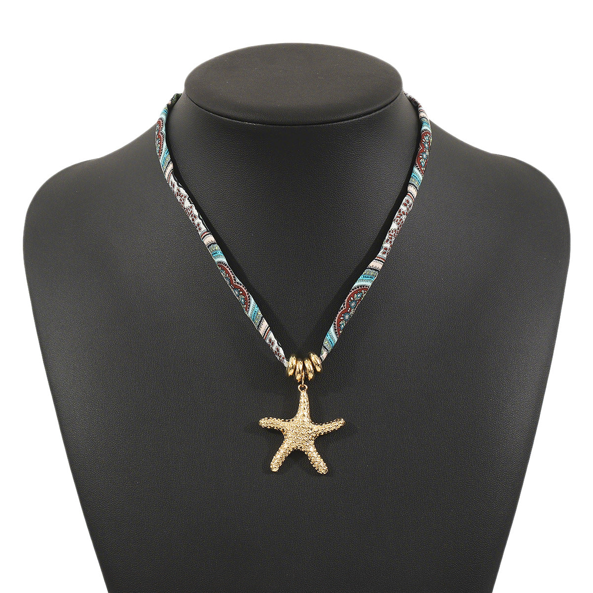 Sweet and Edgy Ocean-Themed Alloy Pendant Necklace with Turtle Seashell Starfish Motifs and Fabric Accents for Women