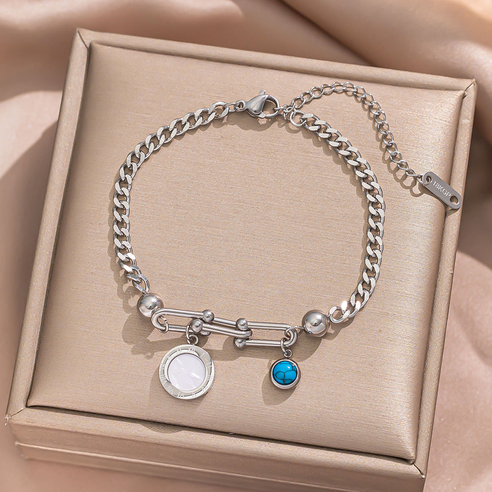 Geometric Stainless Steel Plated 18K Gold Butterfly-Shaped Bracelet with Turquoise Inlay and Horseshoe Clasp