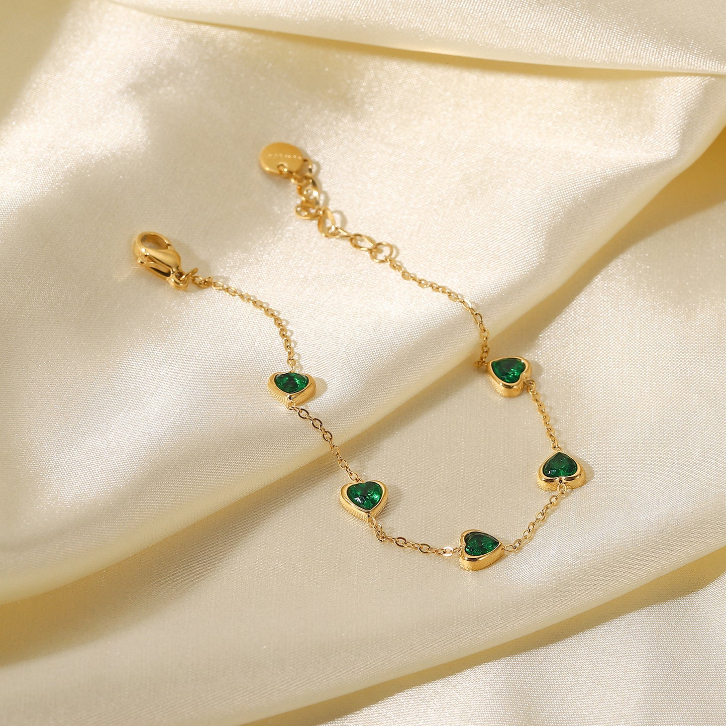 INS Style Geometric Titanium Steel Bracelet with 14K Gold Plating and Green Zirconia Accents for Women