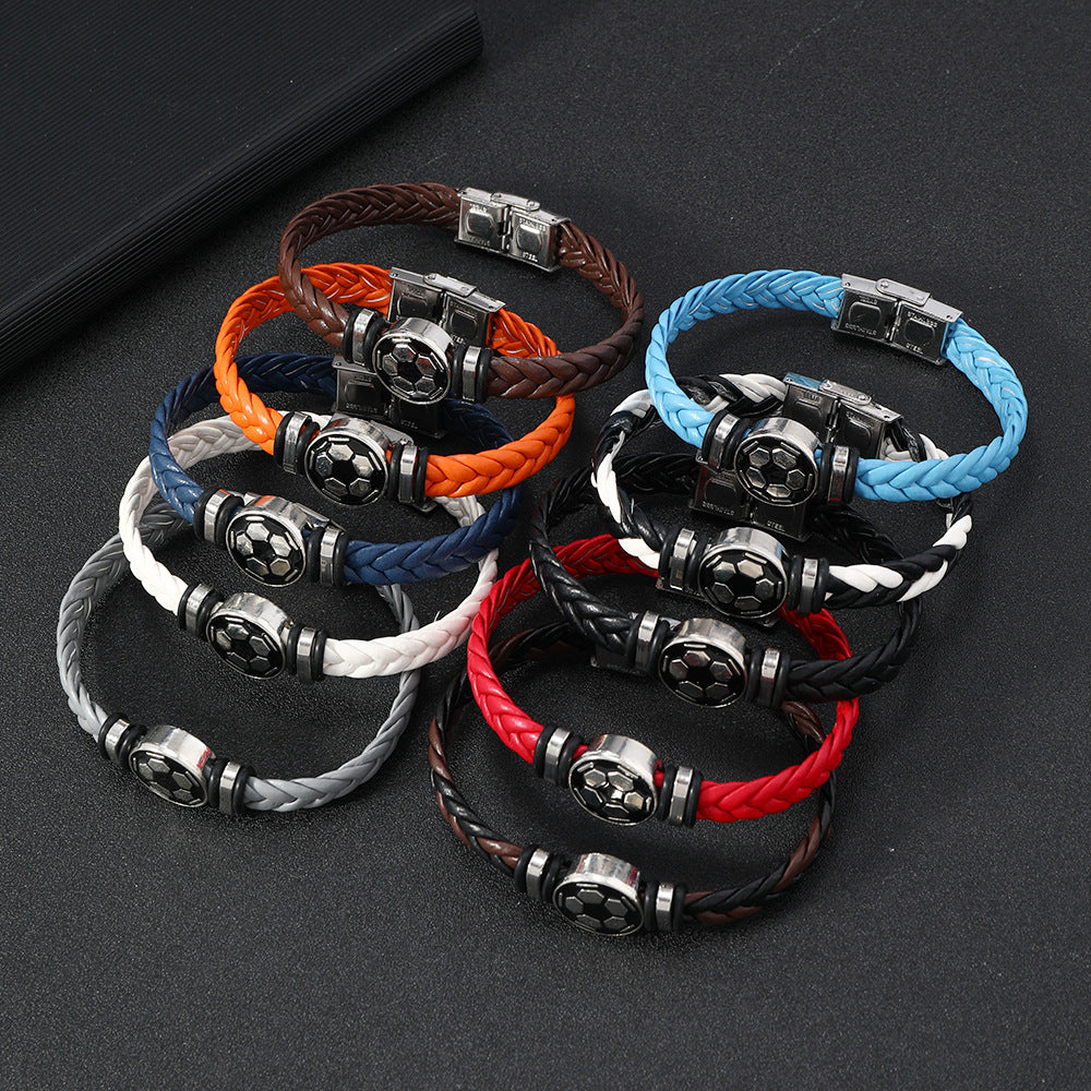 Pulsera unisex de cuero con diseño geométrico pulido y elemento luminoso de balón de fútbol