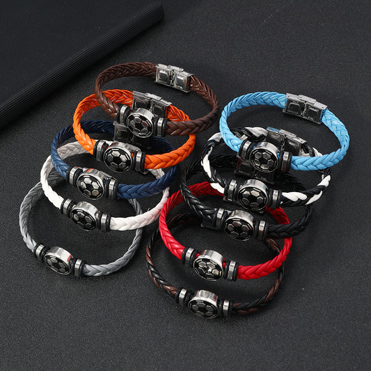 Pulsera unisex de cuero con diseño geométrico pulido y elemento luminoso de balón de fútbol