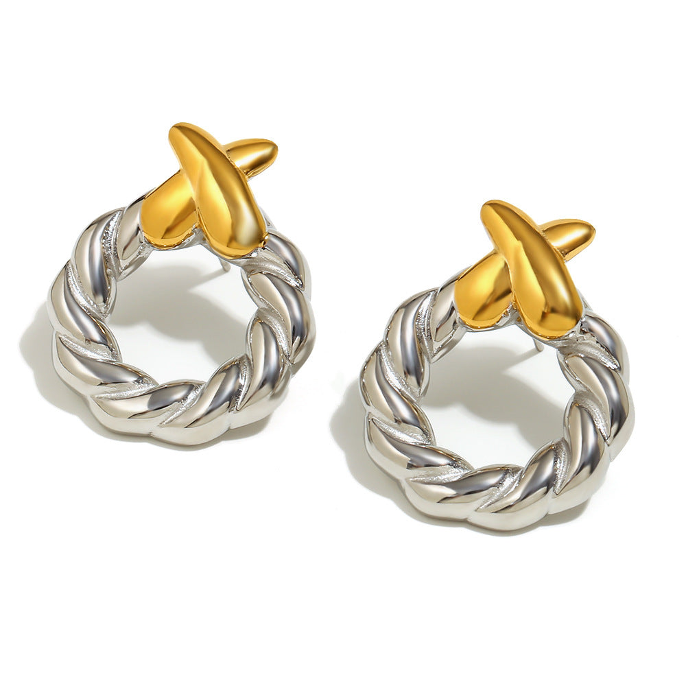 Fashionable Minimalist Geometric Stainless Steel Ear Studs with 18K Gold Plating and Twisted Circular X-Shaped Design