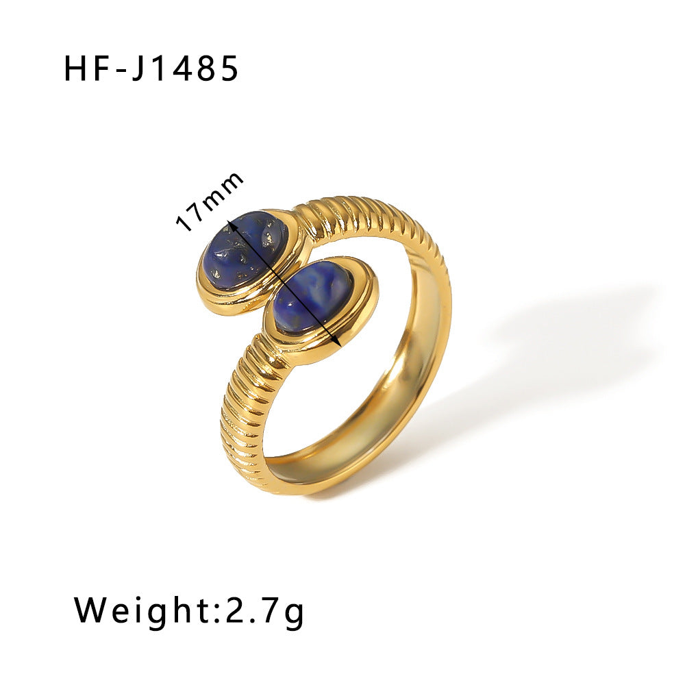 Vintage Geometric Round Emerald Green Natural Stone Stainless Steel Ring with 18K Gold Plating