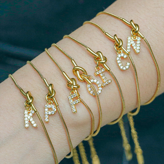 18K Gold Plated Stainless Steel Letter Heart Knot Charm Bar Bracelet for Women