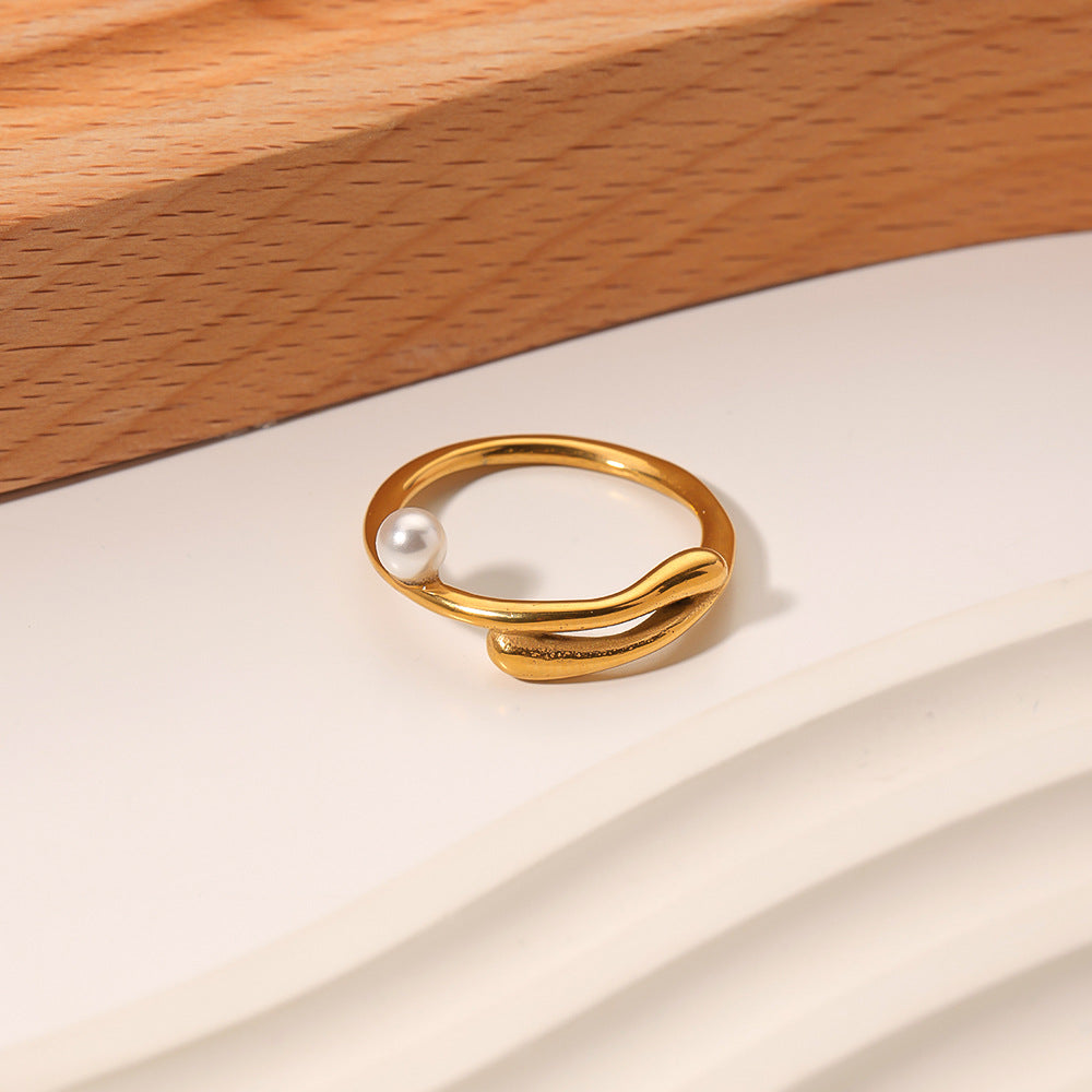 Anello da donna in acciaio inossidabile placcato oro 18 carati con perle d'acqua dolce geometriche irregolari, stile minimalista francese