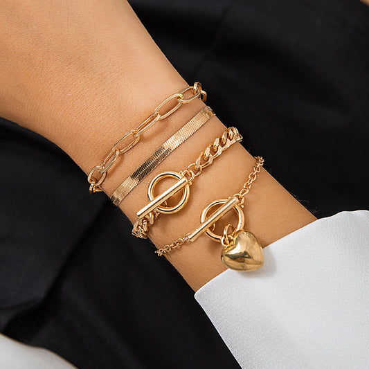 Punk Hip-hop Geometric Heart Alloy Plated Snake Chain Bracelet Set