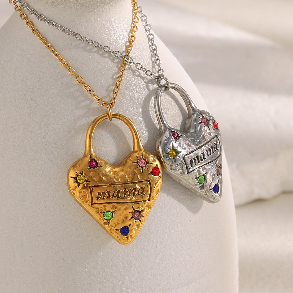 Luxury Vintage Heart-Shaped Stainless Steel Pendant Necklace with 18K Gold Plating and Colored Zircon for Women