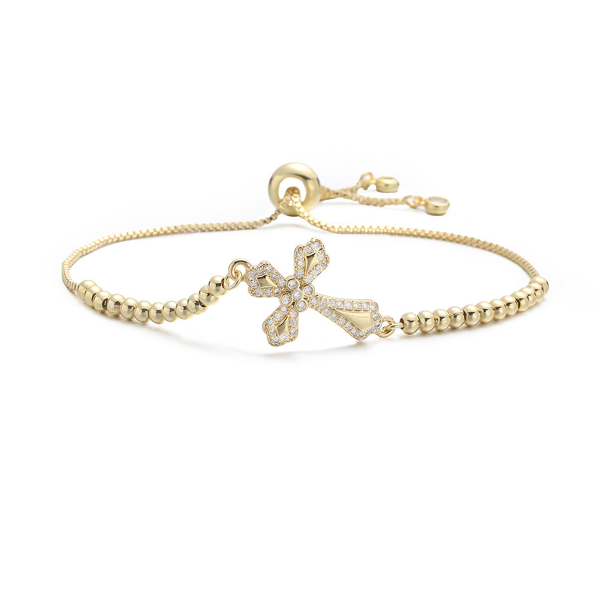 Minimalist Elegant 18K Gold Plated Brass Cross Bracelet with Cubic Zirconia Inlay for Women