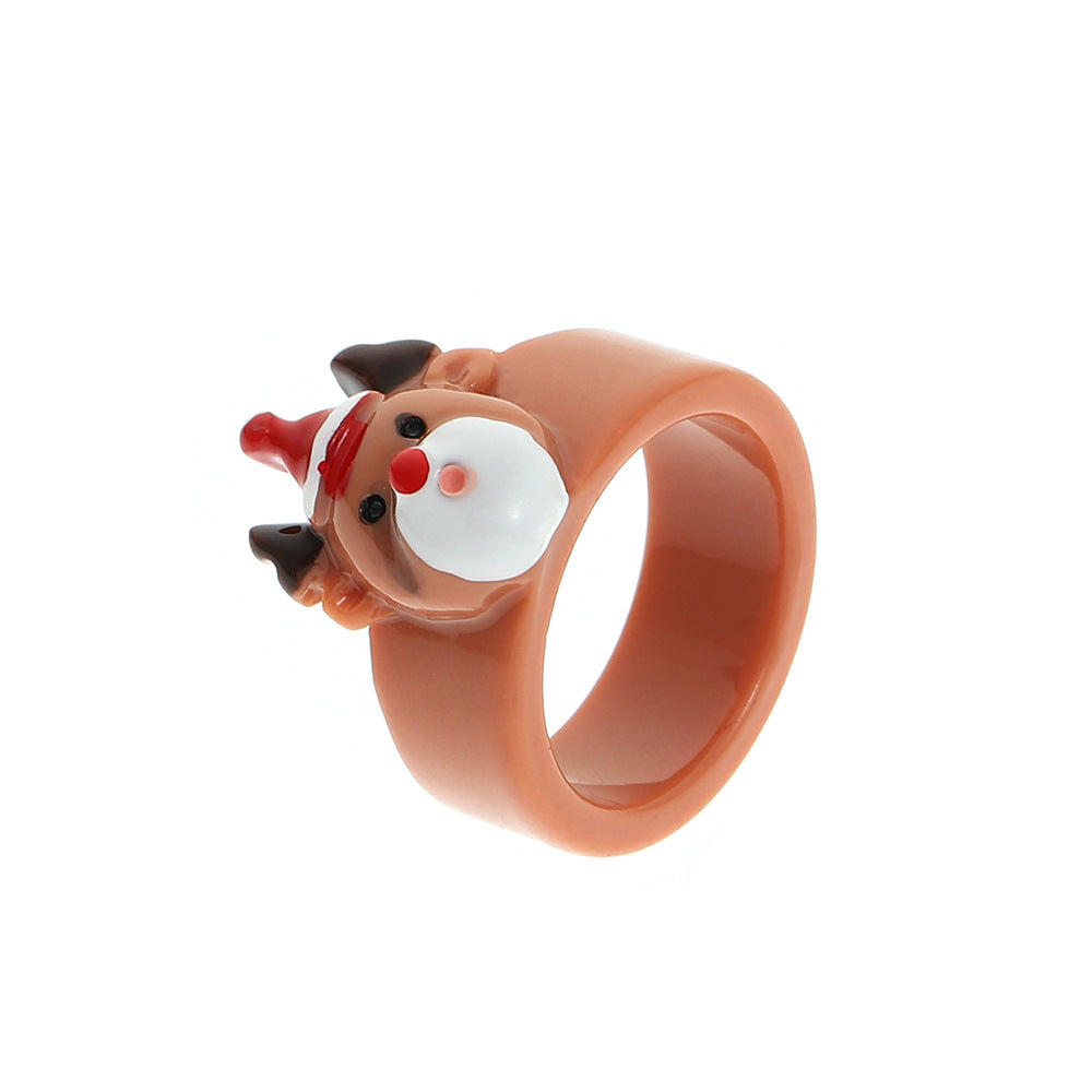 Simpatico anello in resina a tema natalizio per donna con forme di albero di Natale e renne, design geometrico smaltato